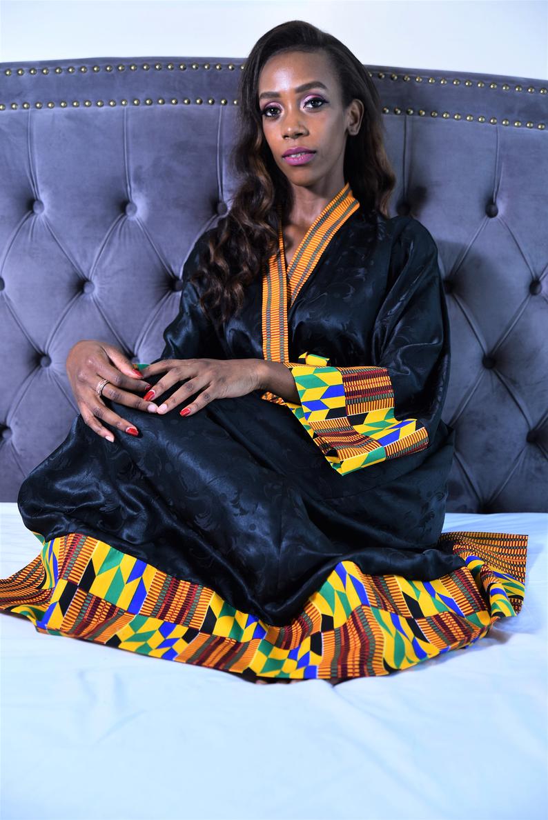 Plus Size Kente Black Silk Robe | African Robe | Ellectives Plus Size Kente Black Silk Robe | African Robe | Ellectives