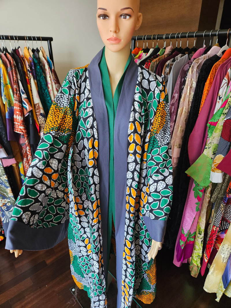 Kihara Robe Ankara Kimono Coat | Green and Grey Robe | Ellectives