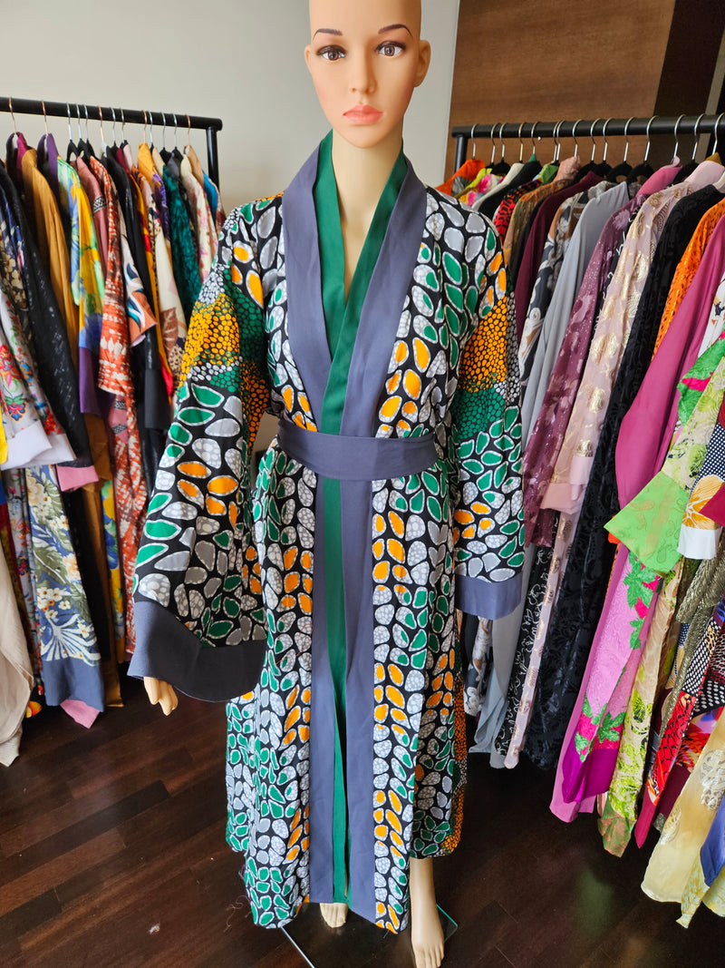 Kihara Robe Ankara Kimono Coat | Green and Grey Robe | Ellectives