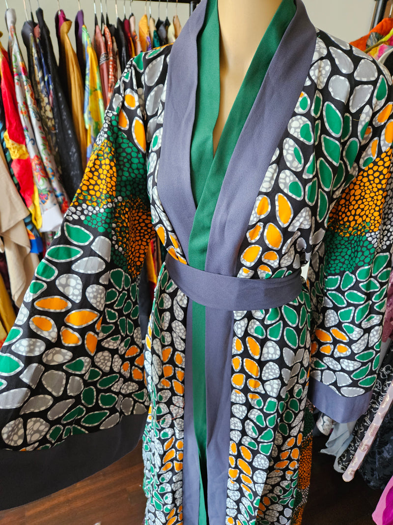 Kihara Robe Ankara Kimono Coat | Green and Grey Robe | Ellectives