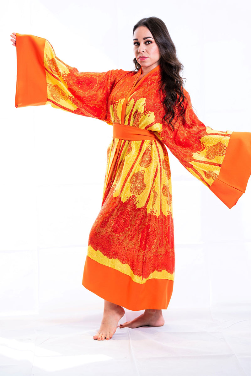 Silk Yukata Robe, Luxury Orange Japanese Kimono |Ellectives