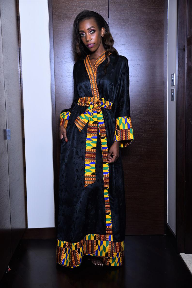 black kente silk robe