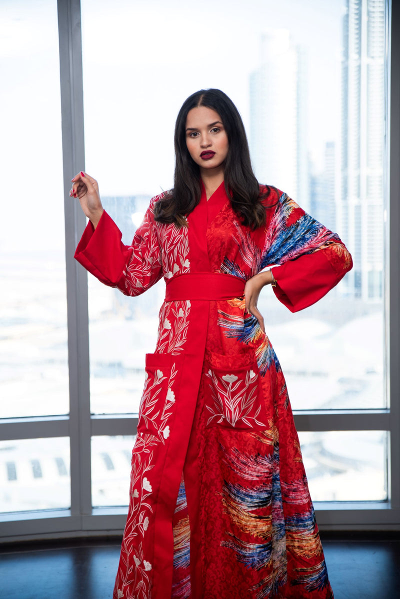 Red Embroidered Silk Kimono Robe - Floral Cover up Red Embroidered Silk Kimono Robe - Floral Cover up