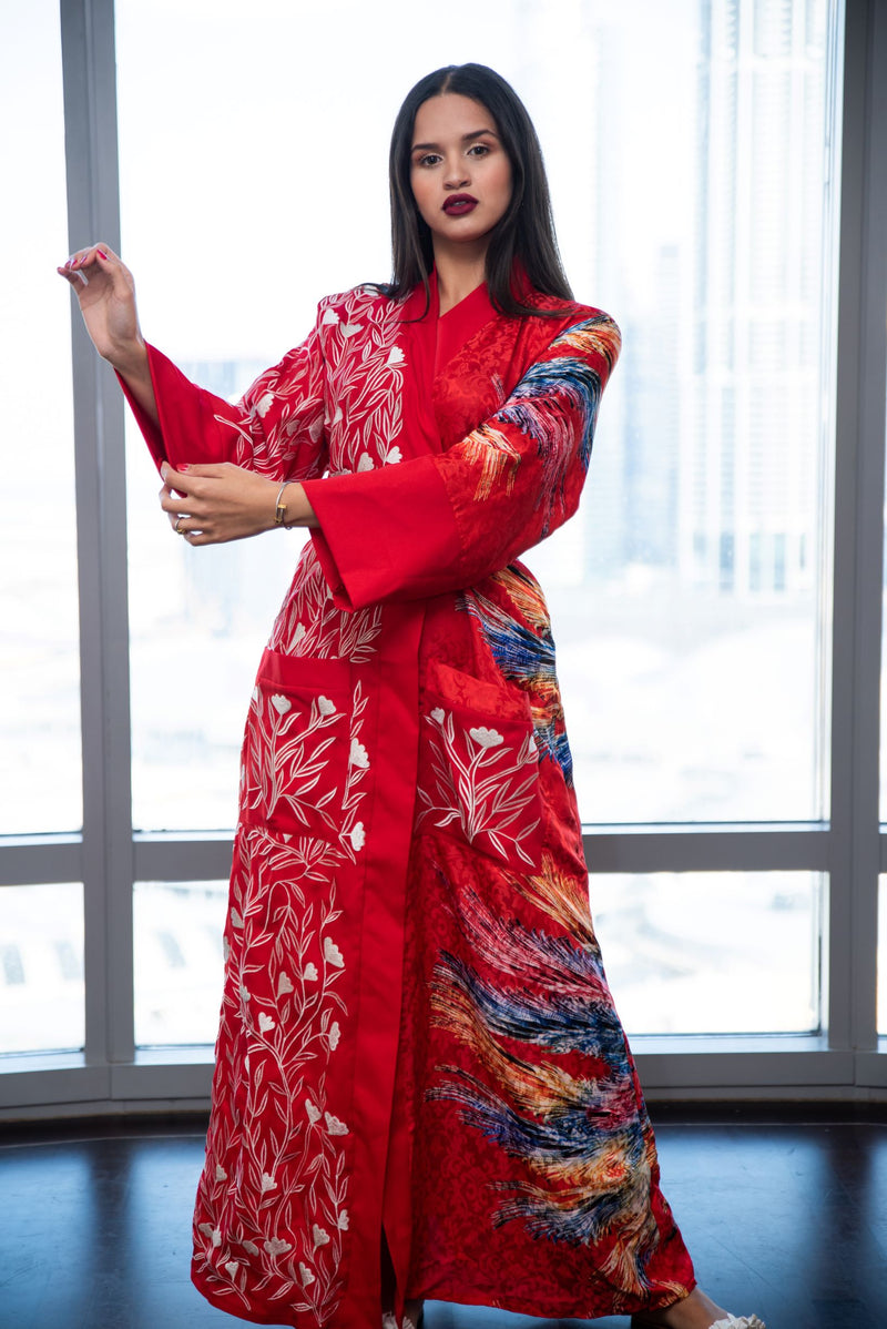 Red Embroidered Silk Kimono Robe - Floral Cover up | Ellectives Red Embroidered Silk Kimono Robe - Floral Cover up | Ellectives