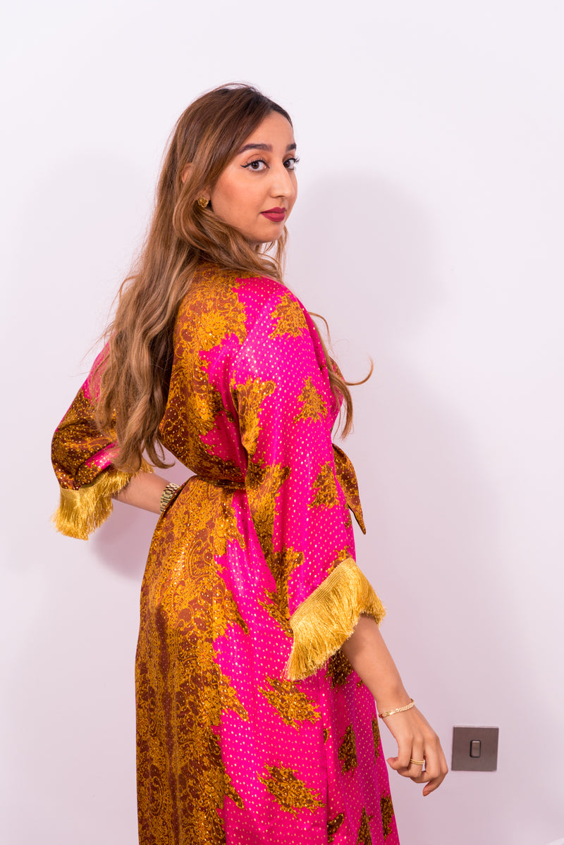 cozy long robe pink fringe sleeves