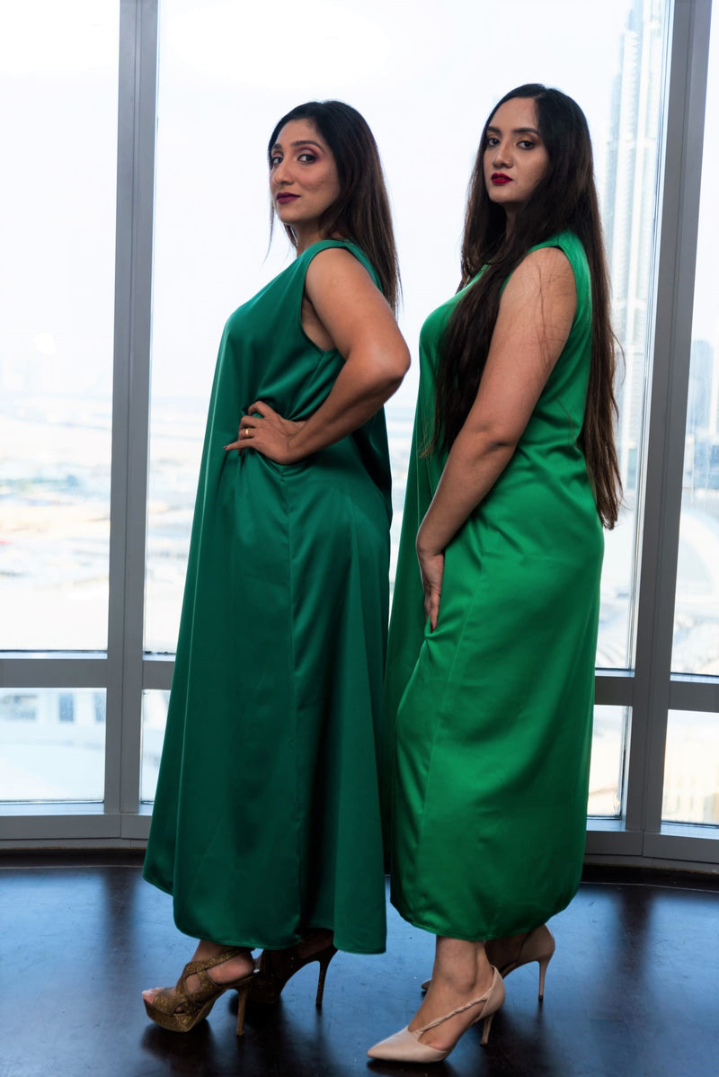 Green emerald satin dress short sleeve