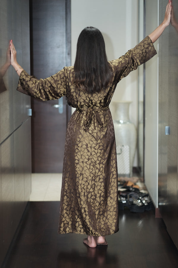 brown pattern silk kimono robe