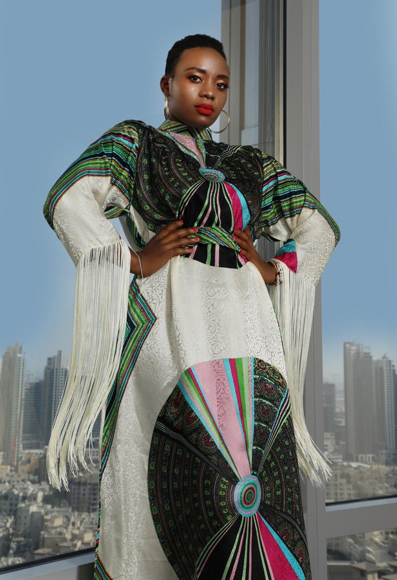 silk midi dress african fringe sleeves