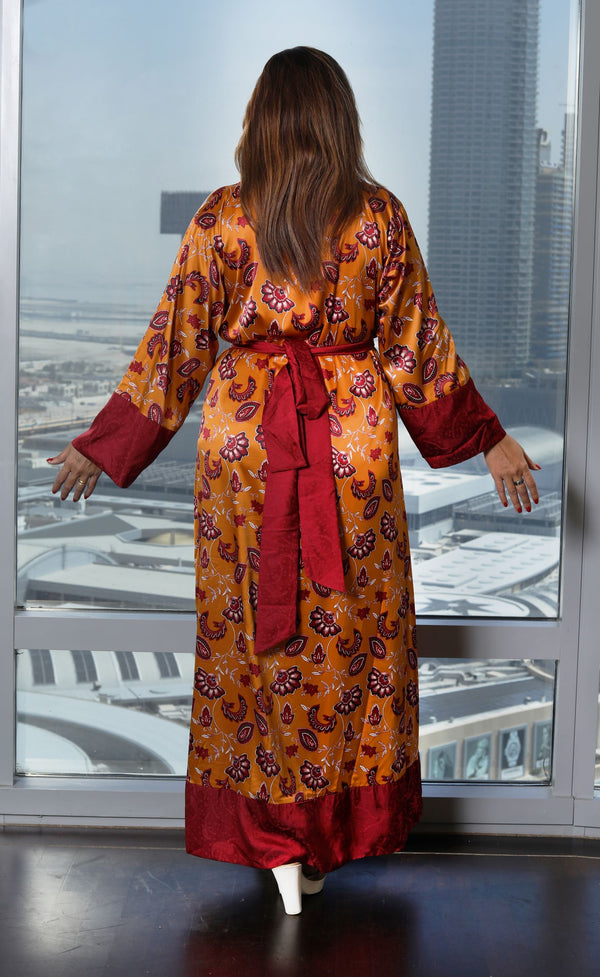 Plus Size Long Satin Robe gold red