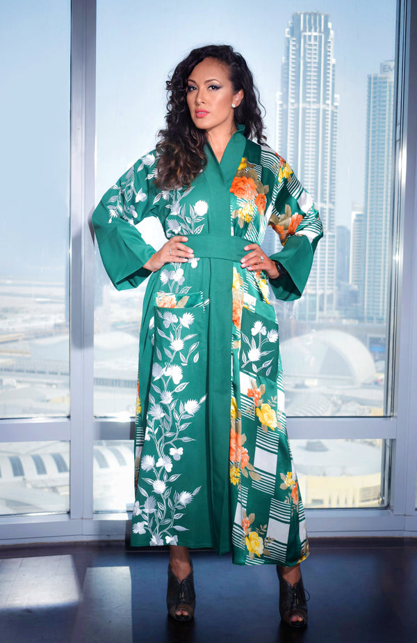 Long green floral kimono