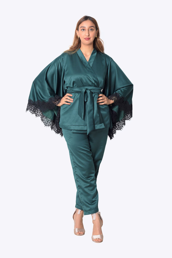 green satin pajama pant set