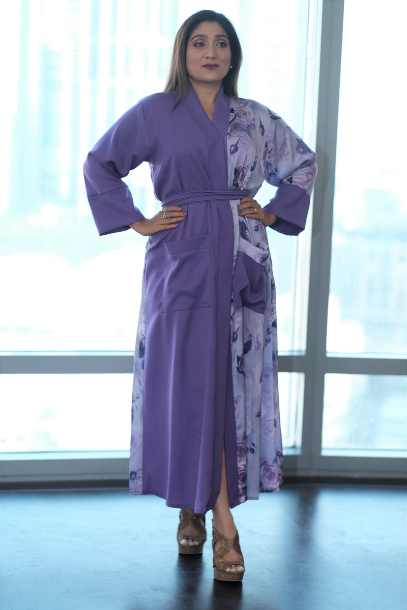 purple floral satin kimono robe