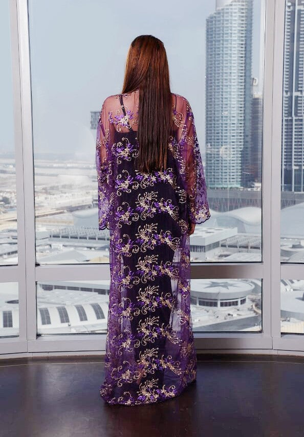 purple embroidered long floral robe 