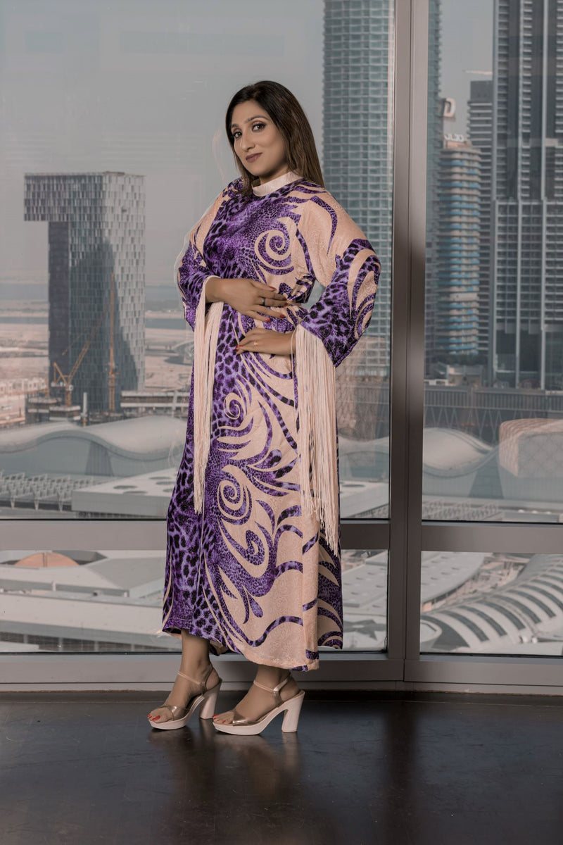 Long purple maxi dress fringe sleeve