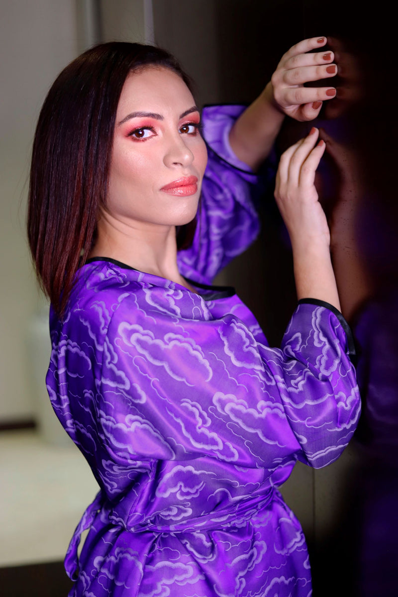 long sleeve purple silk dress