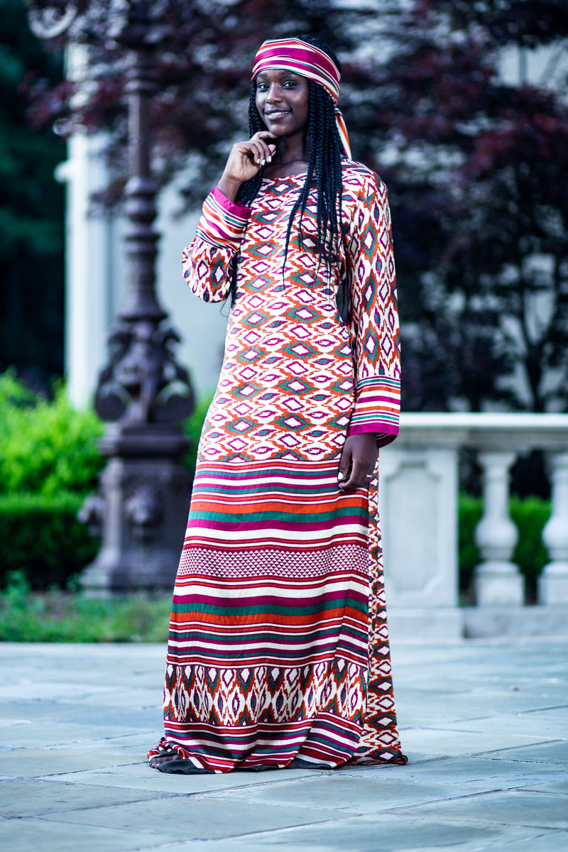 Red Ikat Satin Maxi Dress - African Kaftan | Ellectives Red Ikat Satin Maxi Dress - African Kaftan | Ellectives
