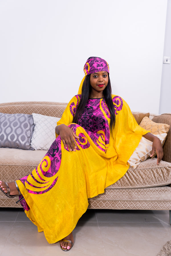 African yellow silk maxi dress galabeya