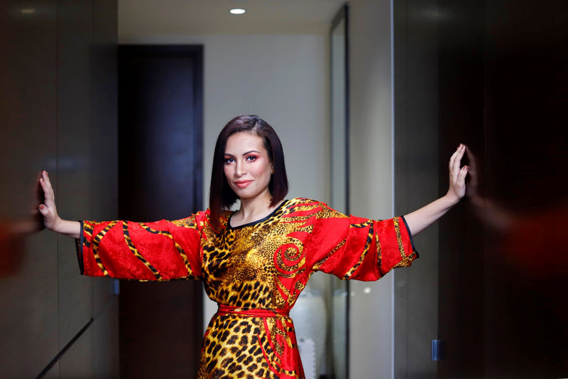 Luxury red silk kaftan dress