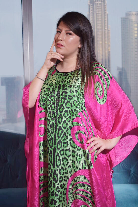 Green animal print silk dress