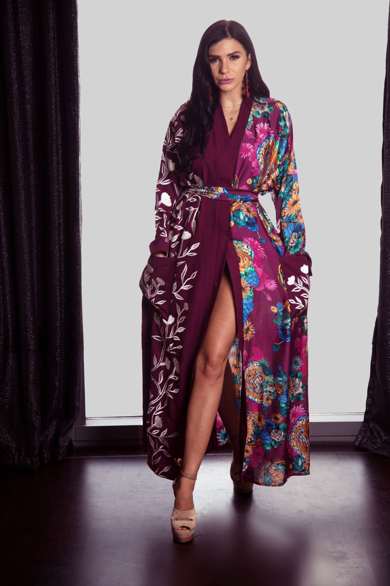 elegant purple floral kimono robe