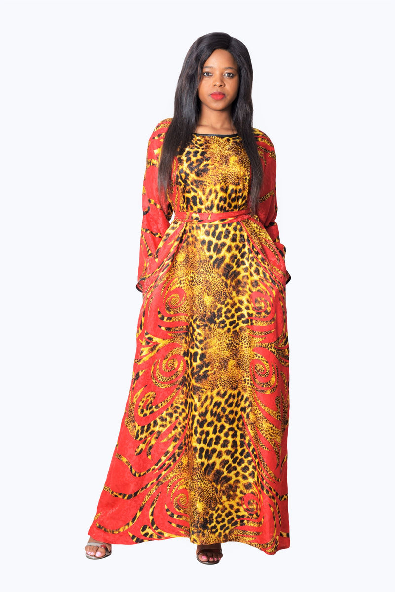 Long red silk dress leopard print
