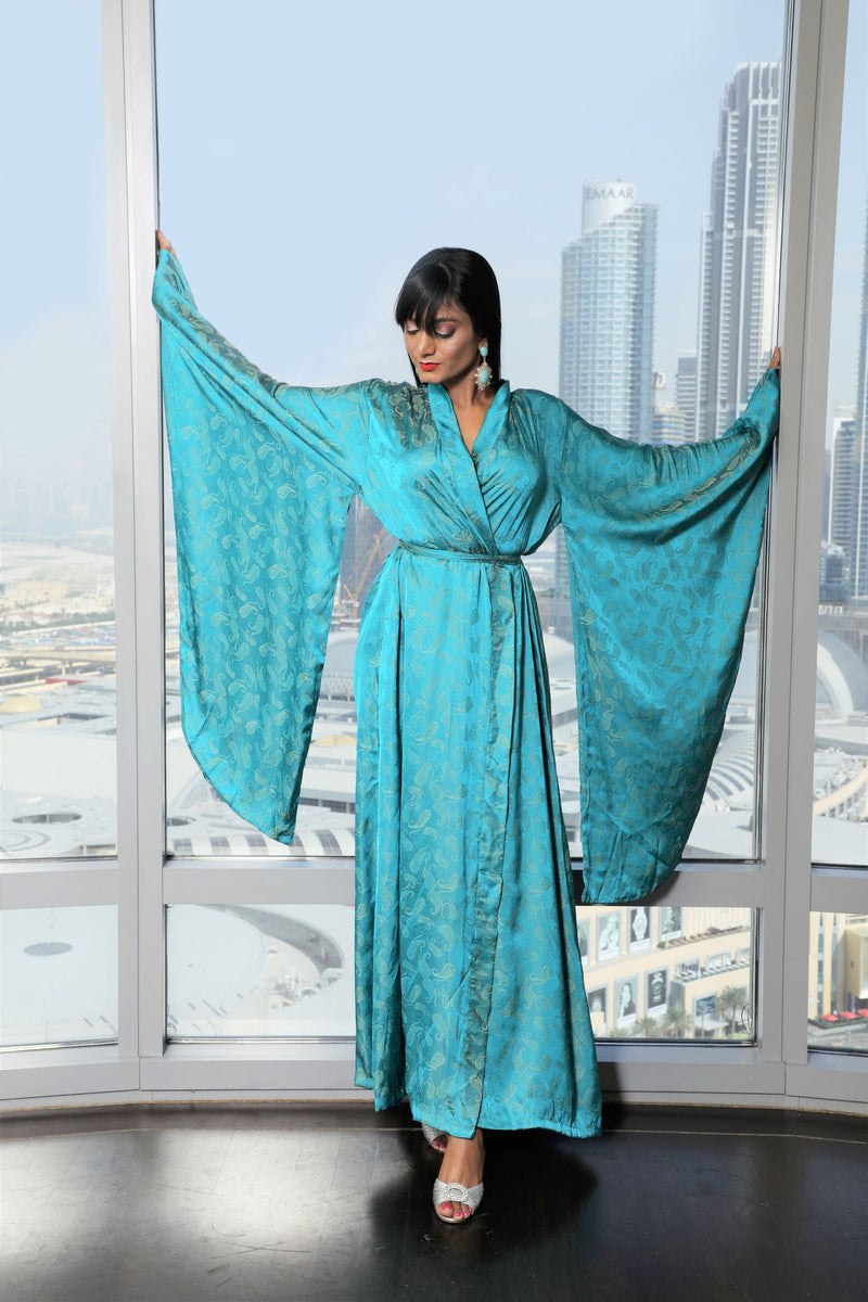 luxury silk dressing gown turquiose blue