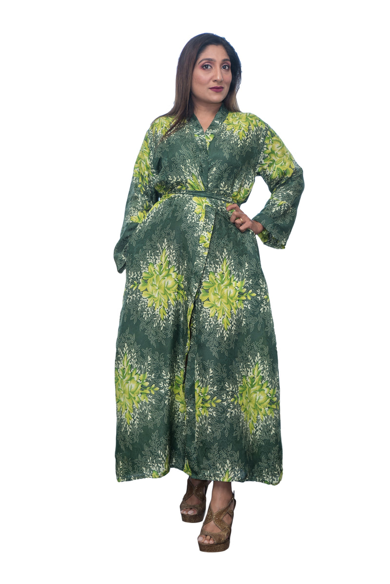 Green floral silk kimono dress