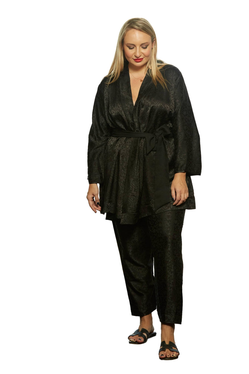 black silk kimono top and pant set