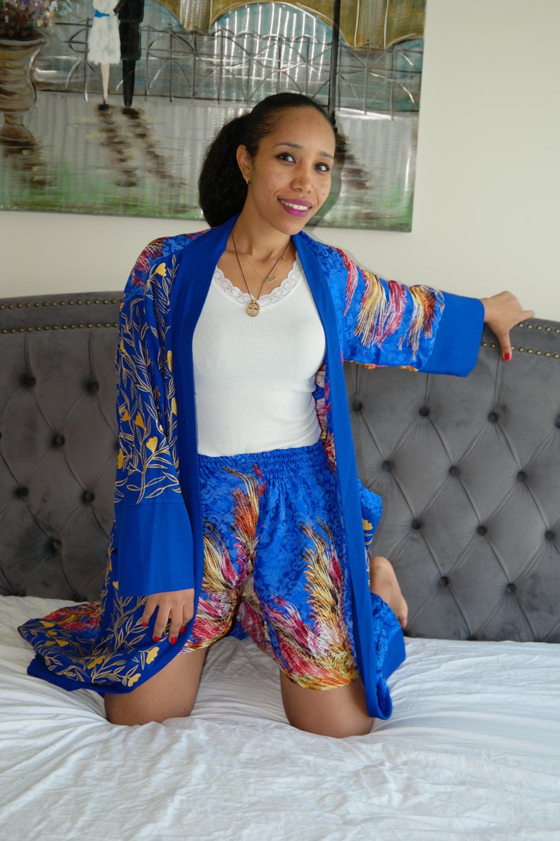 blue kimono and shorts