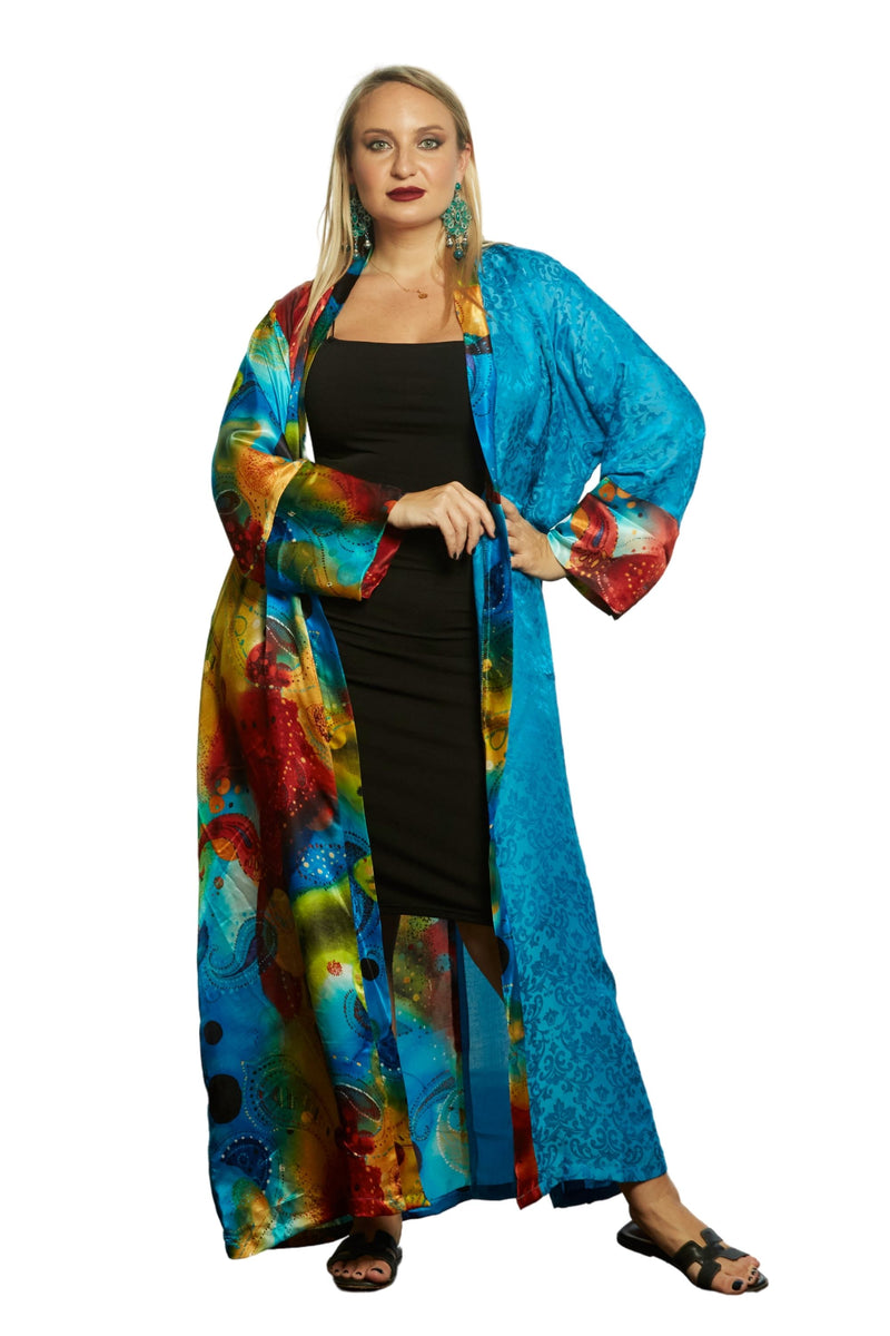 blue silk kimono robe maxi