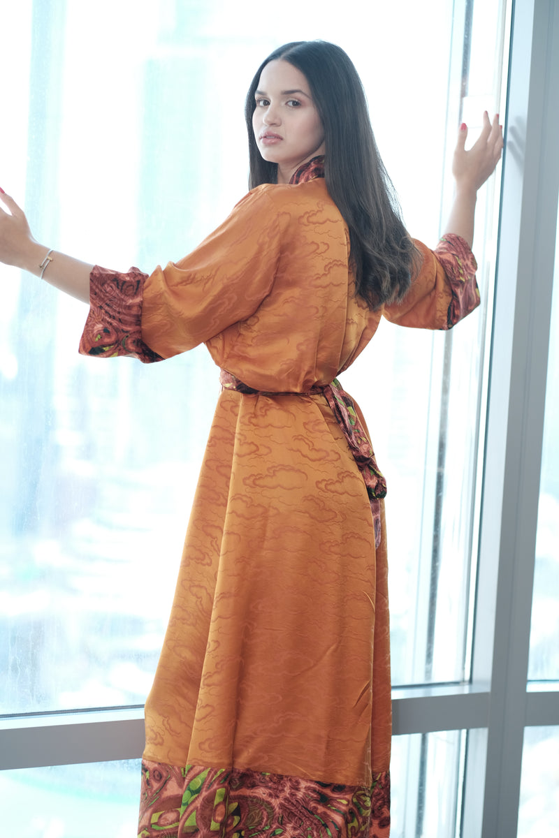 Long silk orange kimono robe