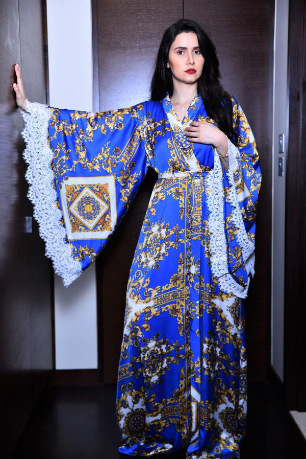 lace blue satin kimono robe