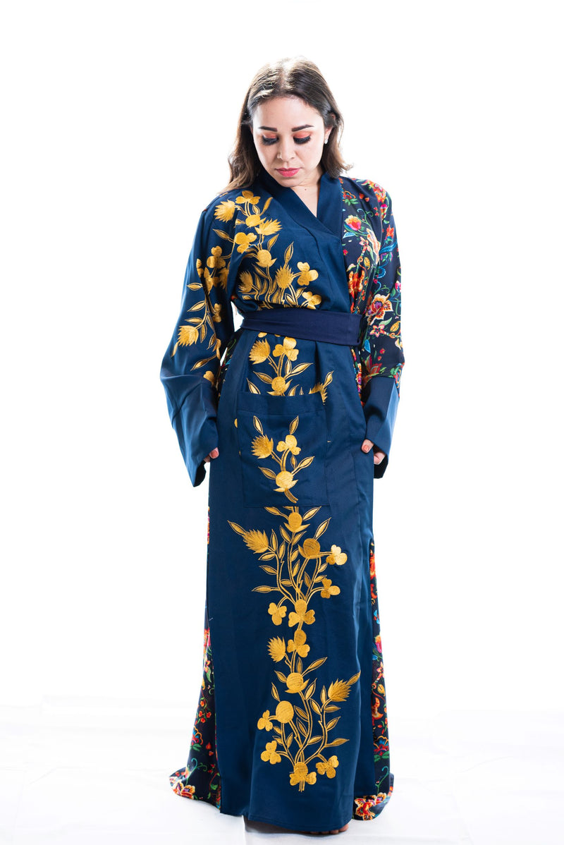 Embroidered Kimono Dress, Navy Blue Kimono Robe