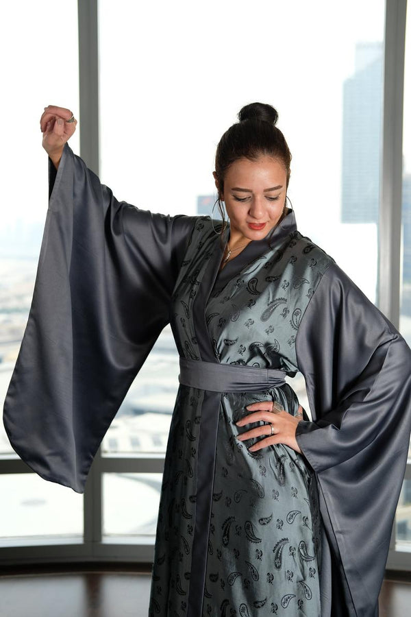 gray satin dressing gown