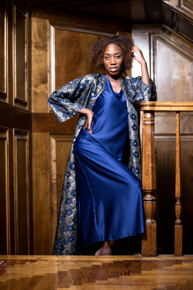 Plus Size Navy Blue Jacket Dress Brocade Midi Dress Ellectives