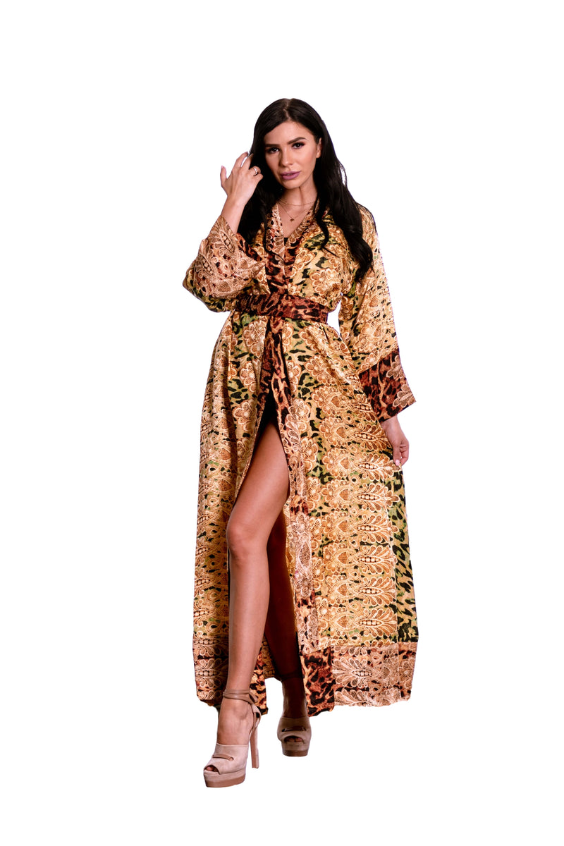 elegant leopard satin kimono robe 