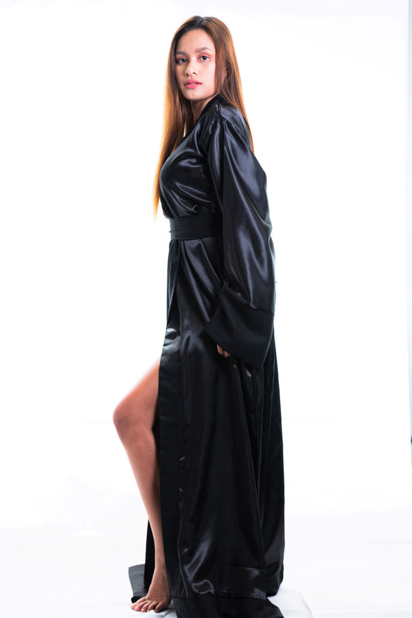 long black silk dressing gown