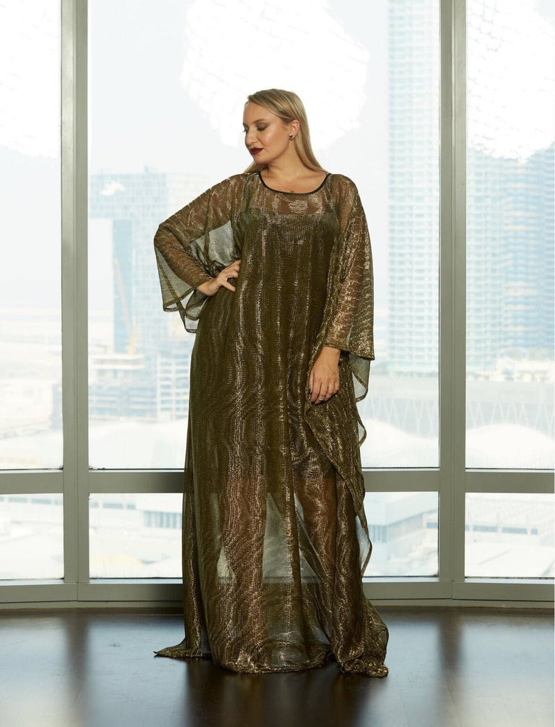 long gold shinny kaftan dress