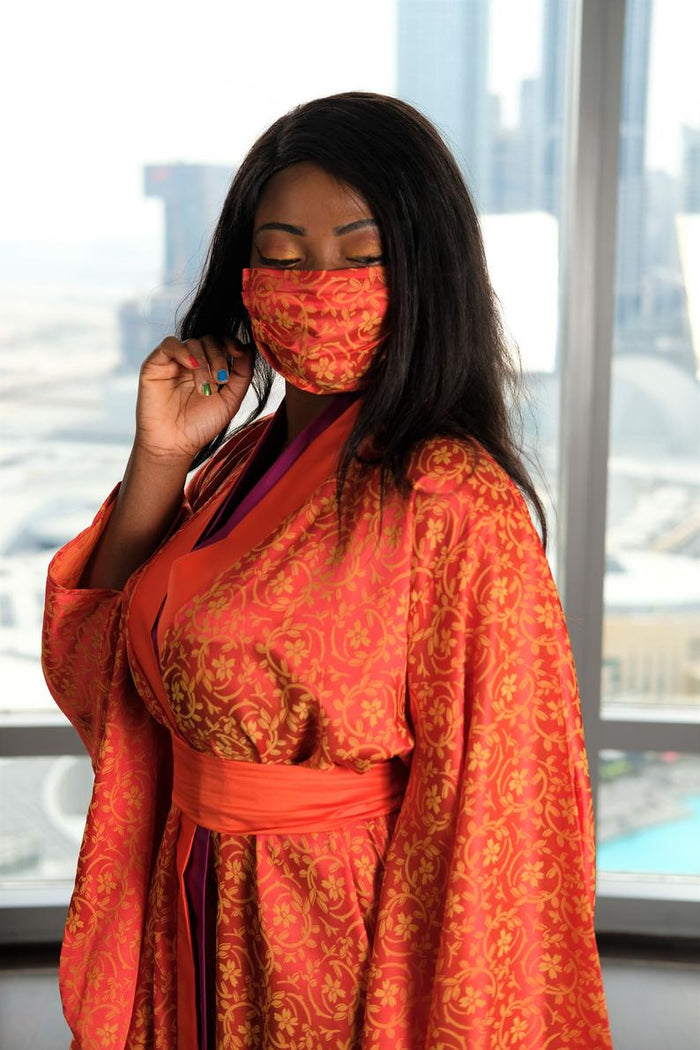 orange silk dressing gown Orange Satin High Slit Draping Gown Marcy Boutique
