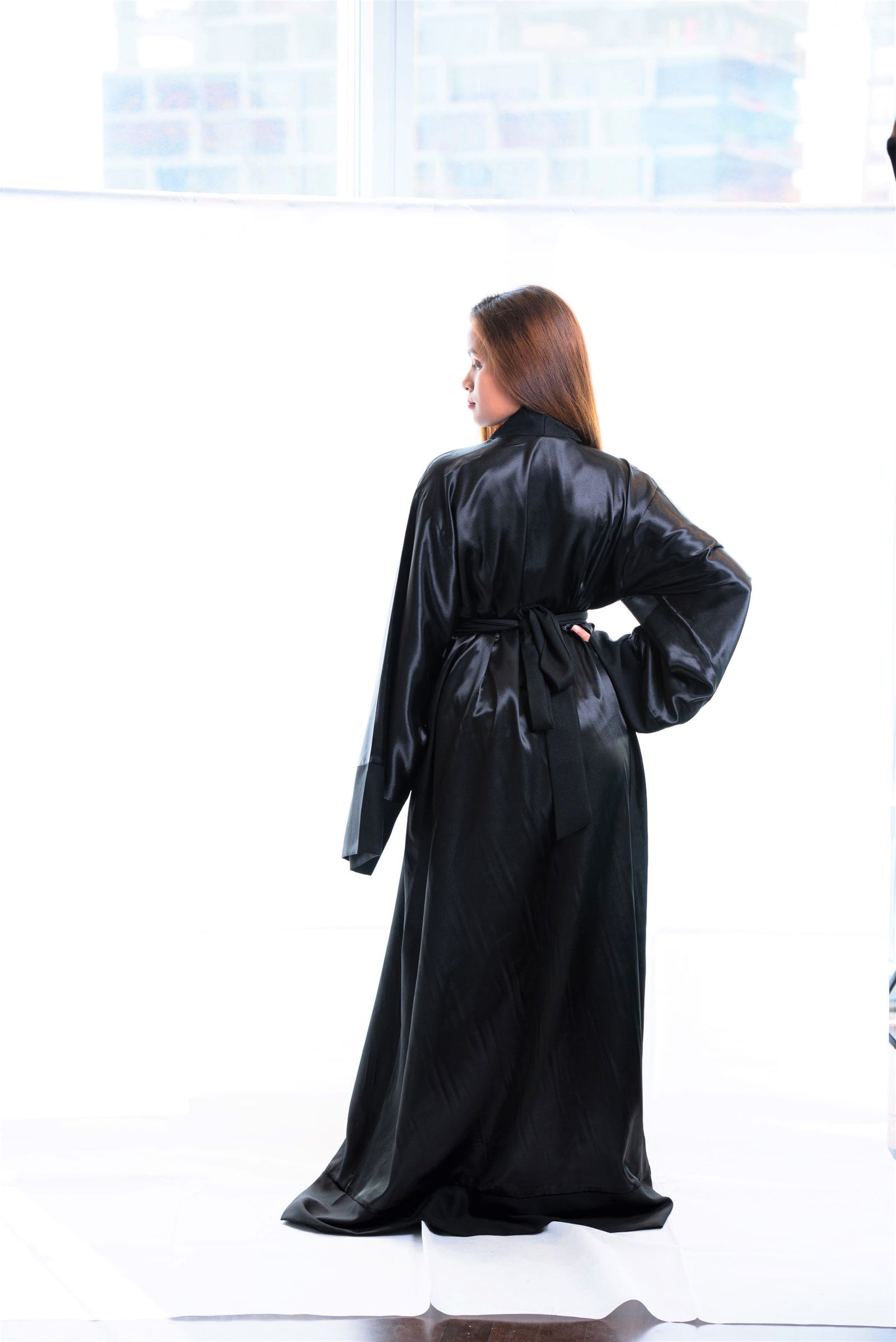 long black satin dressing gown Black Satin Robe Set with Feathers Elegant Luxury Sleepwear XS / Black
