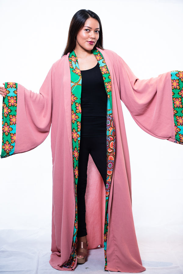 pink kimono maxi dress