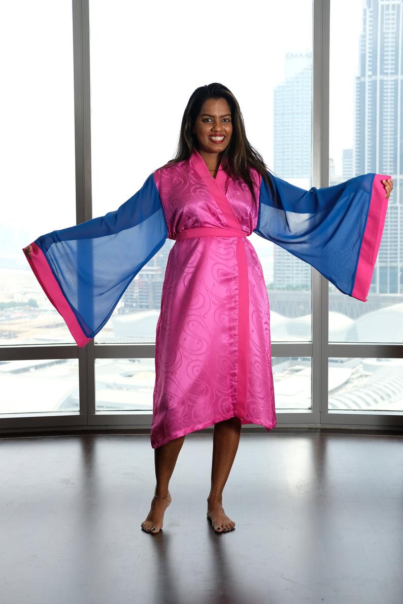 knee length pink kimono robe 