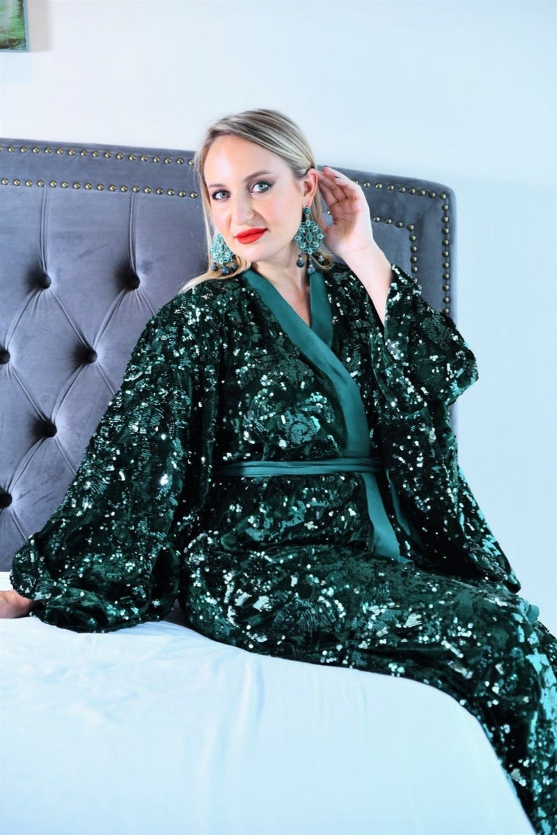 sequin kimono dress Velvet Kimono Dress - Forest Green Sequins Kimono