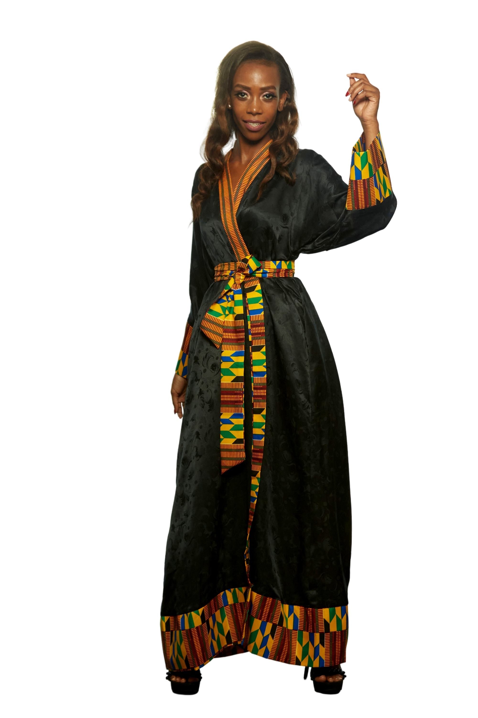 Plus Size Kente Black Silk Robe | African Robe | Ellectives