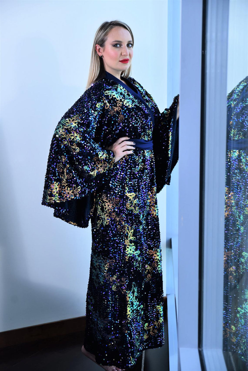 Velvet Kimono Dress - Navy Blue Sequins Kimono