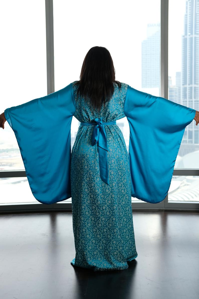 Turquiose wide sleeves kimono robe